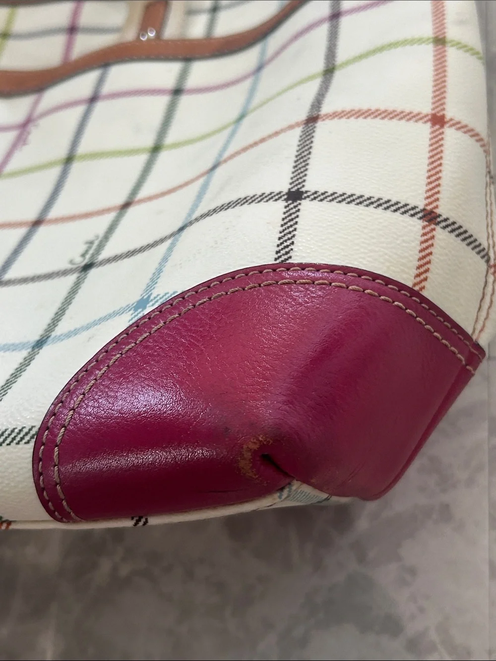 Coach Heritage Tattersall Cream Plaid Tote with Magenta Center Stripe